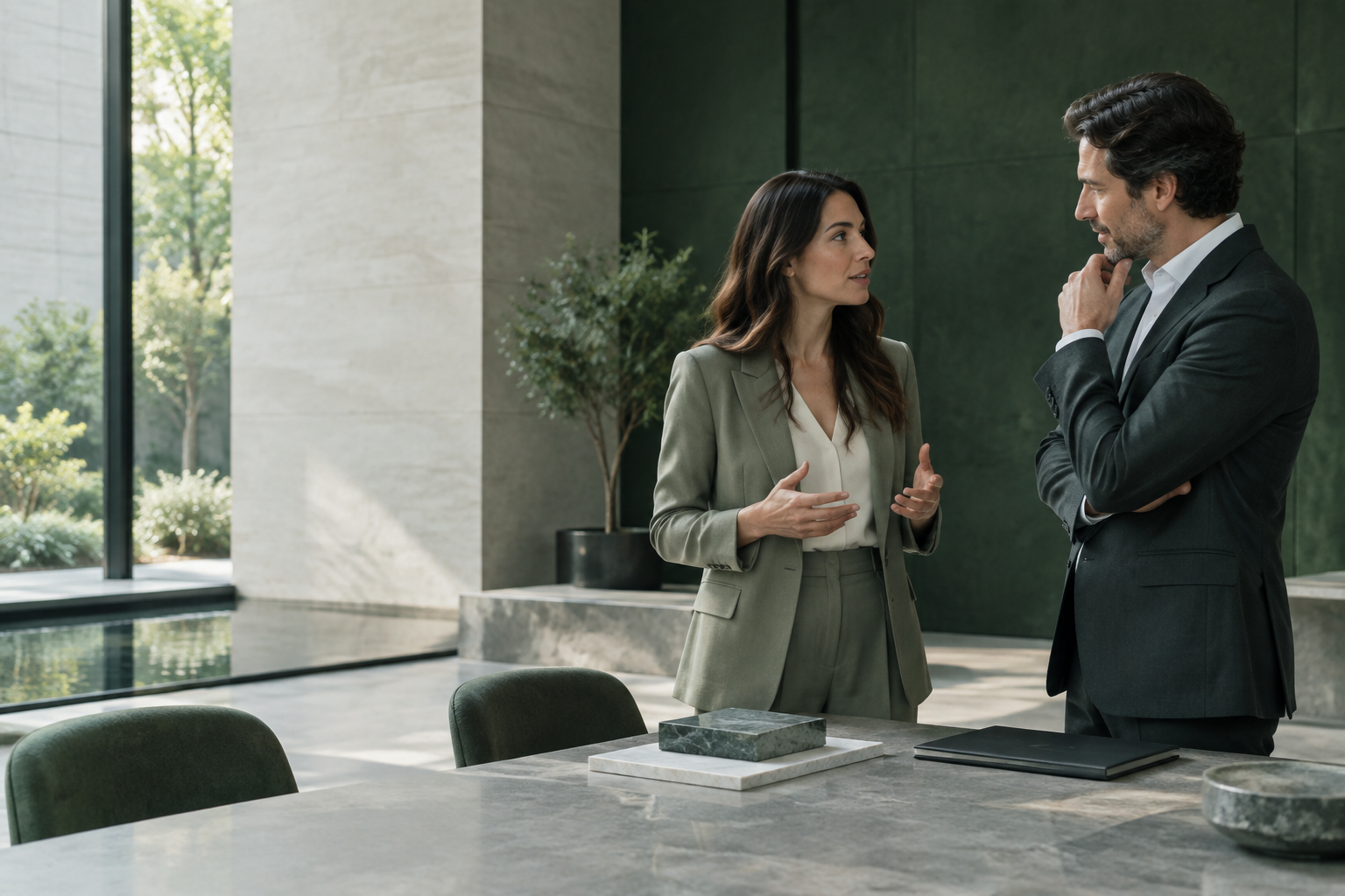 Two professionals discussing a commercial opportunity in contemporary architecture