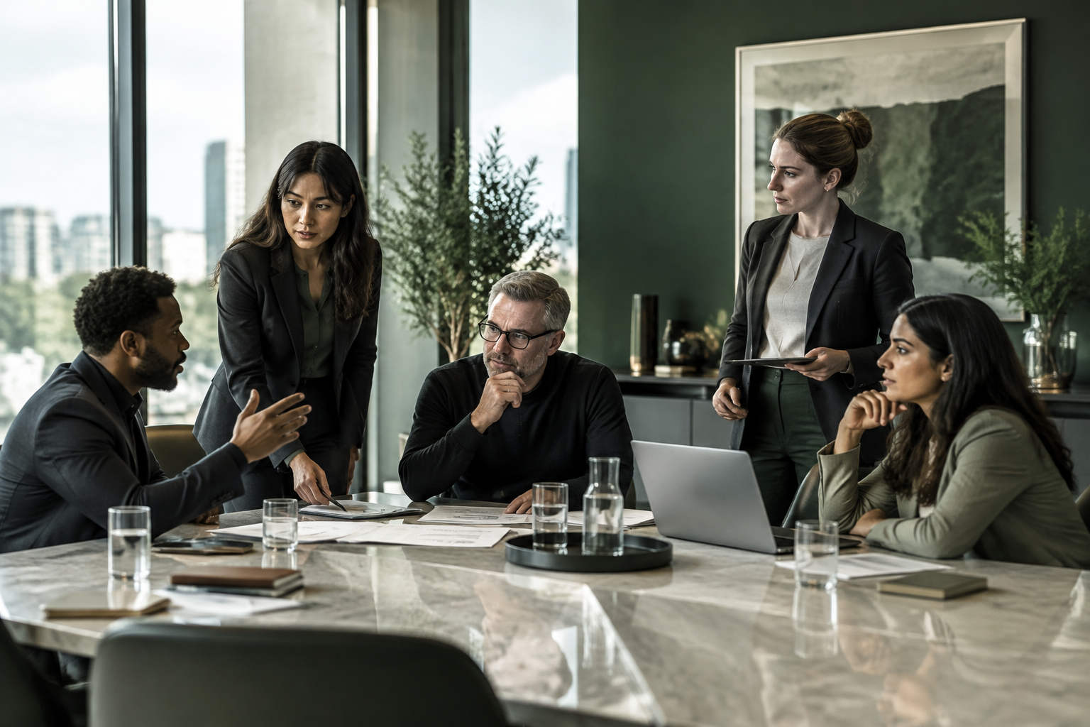 Professionals negotiating around a table in a contemporary meeting room