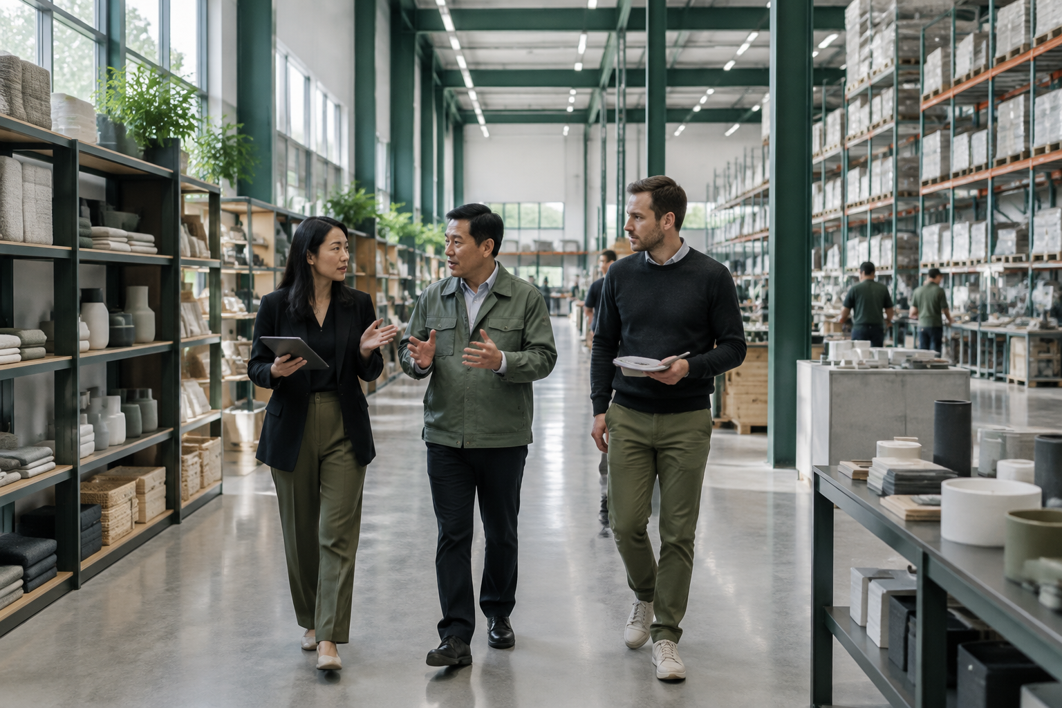 Sourcing professionals walking through a modern supplier facility